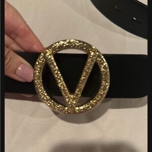 Valentino By Mario Black Belt with Textured Gold Buckle
